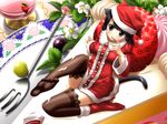  animal_ears black_eyes black_hair cake copyright_request food fork fruit hat high_heels highres metafalica pastry santa_hat shoes single_shoe solo strawberry tail thighhighs 