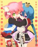  7th_dragon 7th_dragon_(series) animal_ears artist_request blue_hair cat_ears crown fang fighter_(7th_dragon) harukara_(7th_dragon) hug momomeno_(7th_dragon) multiple_girls one_eye_closed pink_hair princess_(7th_dragon) red_hair stuffed_animal stuffed_bunny stuffed_toy 