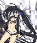  belt bikini_top black_hair black_rock_shooter black_rock_shooter_(character) breasts checkered checkered_background front-tie_top hood hoodie houtengeki long_hair medium_breasts navel scar short_shorts shorts solo sword twintails underboob uneven_twintails very_long_hair weapon 
