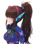  1girl absurdres animal_print bodysuit breasts brown_eyes brown_hair cropped_torso d.va_(overwatch) eruthu facepaint facial_mark from_side hair_between_eyes headphones highres long_hair medium_breasts overwatch overwatch_2 pilot_suit ponytail rabbit_print simple_background skin_tight solo whisker_markings white_background 