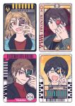  4boys barcode brown_hair card holding holding_card ichinose_houtarou kadoya_tsukasa kamen_rider kamen_rider_blade kamen_rider_blade_(series) kamen_rider_decade kamen_rider_gotchard kamen_rider_gotchard_(series) kamen_rider_ryuki kamen_rider_ryuki_(series) kenzaki_kazuma kidou_shinji mok921 multiple_boys necktie open_mouth red_eyes red_shirt shirt smile 
