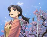  black_hair blue_eyes cardigan cherry_blossoms cloud copyright_request day itou_(onsoku_tassha) lamppost necktie petals ponytail school_uniform sky solo tree wind 