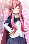  bad_id bad_pixiv_id blush cape highres long_hair louise_francoise_le_blanc_de_la_valliere one_eye_closed pentacle pink_eyes pink_hair school_uniform skirt star starry_background tanno_shii zero_no_tsukaima 