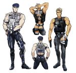  2boys absurdres archie_pendragon arms_behind_head ass back bara black_footwear black_pants black_vest blonde_hair blue_hair cropped_torso danyal_baron fairytale_police_hoe_department full_body grin headset highres idoraad looking_at_viewer male_focus multiple_boys muscular muscular_male official_alternate_costume pants revealing_clothes shoes short_hair smile strap teeth undercut vest white_vest 