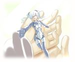  blue_hair busou_shinki closed_eyes doll_joints hands in_palm injury long_hair mecha_musume minigirl out_of_frame outstretched_arm outstretched_hand pov pov_hands reaching shigehiro_(hiroi_heya) smile solo_focus strarf twintails 