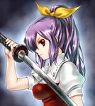  bad_id bad_pixiv_id bow hair_bow long_hair ponytail profile purple_hair red_eyes solo sword takemori_shintarou touhou watatsuki_no_yorihime weapon 
