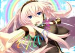  armband blue_eyes bouncing_breasts breasts covered_nipples double_lariat_(vocaloid) giuniu headband headphones impossible_clothes impossible_shirt large_breasts long_hair megurine_luka music pink_hair rainbow shirt singing solo vocaloid 