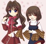  aoi_(ene) blue_eyes brown_hair closed_eyes kanon long_hair misaka_kaori misaka_shiori multiple_girls plaid red_skirt school_uniform shawl short_hair siblings sisters skirt 