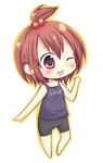  bad_id bad_pixiv_id bike_shorts blush chibi hair_bobbles hair_ornament marui_futaba matsusaka_gyuu mitsudomoe one_eye_closed ponytail red_eyes red_hair short_hair smile solo tank_top 