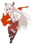  bow fujiwara_no_mokou hair_bow hair_ribbon mieharu red_eyes ribbon solo suspenders touhou white_hair 