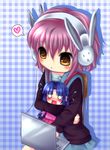  achakura asakura_ryouko bad_id bad_pixiv_id brown_eyes bunny_headphones cardigan chibi chibi_hug computer headphones hug kita_high_school_uniform laptop multiple_girls nagato_yuki o_o purple_hair saotome_mirai school_uniform serafuku short_hair suzumiya_haruhi-chan_no_yuuutsu suzumiya_haruhi_no_yuuutsu 