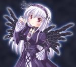  blush dress frills hairband long_hair mugen_xp purple_eyes rozen_maiden silver_hair solo suigintou wings 