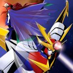  1girl akitaka_mika blue_cape cape clenched_hand closed_mouth colored_skin commentary_request daitarn_3 don_zauber koros mecha mecha_focus muteki_koujin_daitarn_3 official_art red_cape red_hair robot science_fiction space white_skin yellow_eyes 