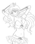  breasts cleavage elbow_gloves fingerless_gloves gloves greyscale highres lapita large_breasts lineart long_hair macross macross_frontier midriff miniskirt monochrome navel sheryl_nome skirt solo 