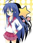  :3 ahoge blue_hair green_eyes izumi_konata long_hair lucky_star mole mole_under_eye ryouou_school_uniform school_uniform serafuku solo star taigi_akira 