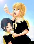  blonde_hair brown_hair food ice_cream jumping lowres maria-sama_ga_miteru mizuno_youko multiple_girls satou_sei school_uniform short_hair 