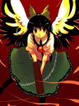  arm_cannon black_hair black_legwear blouse bow hair_bow kneehighs long_hair red_background red_eyes reiuji_utsuho simple_background skirt smile solo third_eye touhou weapon wings yuu_(kfc) 