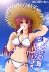  aoi_chihiro bikini breasts brown_eyes day food front-tie_top hat kousaka_tamaki large_breasts licking long_hair popsicle red_hair side-tie_bikini solo straw_hat swimsuit to_heart_2 twintails underboob 