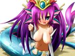  ;d arm_support armlet blue_eyes blush breasts clenched_hand collarbone coral elbow_gloves fang gloves groin hair_ornament head_fins ichigoya_(mazikayu) jewelry large_breasts long_hair mermaid monster_girl navel nipples one_eye_closed open_mouth purple_hair puzzle_&amp;_dragons sand shell simple_background siren_(p&amp;d) smile solo stomach tiara topless twintails white_background white_gloves 