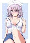  1girl bangs bare_arms bare_shoulders blue_background blue_shorts blush border boyshorts breasts breasts_apart collarbone hair_between_eyes hand_up hat highres knee_up lavender_hair letty_whiterock long_hair looking_at_viewer medium_breasts no_bra nori_tamago nose_blush purple_eyes shorts solo sweat tank_top touhou white_border white_hat white_tank_top 