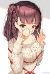  1girl aran_sweater bangs bare_shoulders blush breasts brown_hair closed_mouth collarbone commentary eyebrows_visible_through_hair girls_frontline glasses hands_on_eyewear hands_up highres large_breasts lee_seok_ho long_hair long_sleeves looking_at_viewer red_eyes round_eyewear sleeves_past_wrists solo sweater upper_body wa2000_(girls_frontline) wavy_mouth white_background white_sweater 
