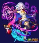  1girl :3 :d arm_warmers black_legwear blue_footwear blue_shorts bokutodragon boots bow braid breasts cape fantasy full_body hair_bow long_braid long_hair looking_at_viewer magic magic_circle official_art open_mouth patori pink_bow purple_eyes shorts silver_hair simple_background small_breasts smile solo standing standing_on_one_leg thighhighs watermark 