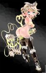  ass blonde_hair blue_eyes electric_guitar fang guitar hair_ornament hair_ribbon headphones instrument kagamine_rin oberssa open_mouth revealing_clothes ribbon rin_kagamine short_hair tail thighhighs vocaloid 