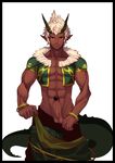  1boy abs arad_senki bracelet censored dark_skin dungeon_and_fighter dungeon_fighter_online erection etrenok_(dungeon_and_fighter) green_eyes heart highres horns jewelry lvlv male_fighter muscle novelty_censor open_clothes open_shirt pants_down pecs penis pointy_ears precum scar shirt simple_background solo tail white_background white_hair 