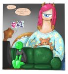  1_eye anon big_breasts blue_eyes breasts clothing dewbon duo english_text equine female hair horn huge_breasts human invalid_tag macro male mammal monster monstro_village pjamas red_hair size_difference smaller_male sofa sunibee text 