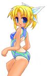  :d blonde_hair blue_eyes blush from_side halterneck looking_at_viewer miyauchi_lemmy one-piece_swimsuit one-piece_tan open_mouth ponytail short_hair simple_background smile solo swimsuit tan tanline teiou_netsuaimaru to_heart white_background 