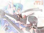  2girls blue_hair gundam gundam_00 hug long_hair mecha_musume multiple_girls naik susanoo_(gundam) yellow_eyes 