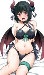  1girl adapted_costume bed_sheet bikini black_bikini black_hair black_horns black_wings blush bob_cut bow breasts choker cleavage criss-cross_halter demon_girl demon_horns fang flower frilled_thigh_strap gradient_wings green_flower green_rose halterneck highres horn_bow horn_ornament horns looking_at_viewer love_live! love_live!_nijigasaki_high_school_idol_club medium_breasts mifune_shioriko multicolored_horns multicolored_wings navel pink_horns pink_wings red_eyes rose short_hair sitting stomach swept_bangs swimsuit thighs white_background wings yopparai_oni 