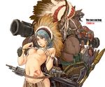  bandolier bazooka blue_hair breasts bullet cigar covered_nipples engrish explosive grenade gun hammer_and_sickle headdress horse lighter medium_breasts midriff missile monster native_american_headdress original ranguage rifle sanzhuangwangcat tattoo underboob warbonnet weapon 