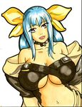  blue_hair breasts cleavage dizzy large_breasts long_hair lowres red_eyes ribbon smile 