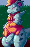 anthro balls big_balls big_penis blue_body bottomwear clothed clothing clothing_lift digital_media_(artwork) dress flygon_(artist) foreskin generation_1_pokemon genitals maid_uniform male nidorina nintendo orange_clothing orange_dress partially_retracted_foreskin penis pixel_(artwork) pokemon pokemon_(species) red_eyes skirt skirt_lift solo uniform winick-lim