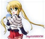  ayasaki_hayate blonde_hair character_doll child doll green_eyes hayate_no_gotoku! holding long_hair looking_back otamon sanzen'in_nagi skirt solo sweater twintails 