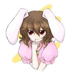  animal_ears brown_hair bunny_ears eku finger_to_mouth highres inaba_tewi red_eyes scheming short_hair solo touhou 