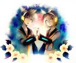  1girl bad_id bad_pixiv_id blonde_hair blue_eyes brother_and_sister detached_sleeves flower hair_ornament hairclip headphones highres holding_hands houji kagamine_len kagamine_rin midriff necktie short_hair siblings twins vocaloid yellow_eyes 
