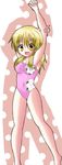  bad_anatomy bad_id bad_pixiv_id blonde_hair hidamari_sketch highres long_hair miyako one-piece_swimsuit solo stretch swimsuit urara_(sumairuclover) yellow_eyes 