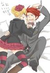  1girl bad_id bad_pixiv_id bdsm beatrice blonde_hair bondage bound bound_wrists chain collar cuffs femdom shimesaba_(masuraoburi) skirt striped striped_legwear thighhighs umineko_no_naku_koro_ni ushiromiya_battler 