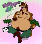 2022 after_vore anthro anthro_pred bottomwear burping canid canine clothing dated death english_text eyewear glasses hyena male male_anthro male_pred mammal open_mouth pants rumbling_stomach shirtless signature solo text tongue torn_bottomwear torn_clothing torn_pants vore watermark wild_(wildside) wildside
