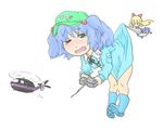  aircraft artist_request backpack bag blue_hair doll green_eyes hair_bobbles hair_ornament hat helicopter kawashiro_nitori multiple_girls shanghai_doll tears touhou two_side_up 