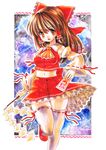  bad_id bad_pixiv_id breasts brown_eyes brown_hair colored_pencil_(medium) detached_sleeves frills gohei hakurei_reimu kidanieru long_hair looking_at_viewer marker_(medium) mary_janes medium_breasts midriff navel ofuda shoes skirt solo standing standing_on_one_leg thighhighs touhou traditional_media watercolor_(medium) zettai_ryouiki 