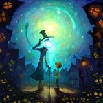  at_pokky belt building cane child coat fantasy full_moon hat hat_removed headwear_removed height_difference holding holding_hat house lamppost light_bulb magic male_focus moon multiple_boys night original outdoors salute signature sky standing star_(sky) walking_stick 