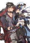  1boy 1girl arm_up ascot bandaged_arm bandaged_neck bandages black_bandages black_coat black_corset black_gloves black_hair black_hat black_pantyhose black_shirt black_skirt blue_ascot blue_cape blue_hair cape clorinde_(genshin_impact) closed_eyes closed_mouth coat coat_on_shoulders corset cowboy_shot dancing earrings english_commentary fingerless_gloves fold-over_gloves fur-trimmed_coat fur_trim genshin_impact gloves grey_hair grey_pants grey_vest hair_between_eyes hat hat_feather hetero highres holding_hands jewelry light_blush long_hair looking_at_another multicolored_hair necktie open_mouth pants pantyhose pencil_skirt rchella red_necktie ring scar scar_on_arm scar_on_neck shirt short_hair simple_background skirt sleeves_rolled_up smile streaked_hair stud_earrings teeth thigh_strap tricorne twitter_username two-sided_coat two-sided_fabric vest vision_(genshin_impact) white_background white_gloves white_shirt wriothesley_(genshin_impact) 