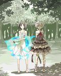  ankle_lace-up black_eyes black_hair cross-laced_footwear dress flat_chest forest frills fukurou glasses hat hat_removed headwear_removed holding holding_hat multiple_girls nature original sandals short_hair smile tree tree_shade white_hair yellow_eyes 