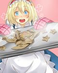  alice_margatroid apron bad_id bad_pixiv_id blonde_hair blush cookie food heart kirisame_marisa matsurizaki oven_mitts plate simple_background smile solo star touhou 