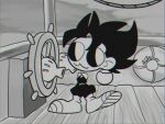 1920s_(style) 1boy :3 artist_name black_hair commentary disney dougi dragon_ball earrings full_body gloves greyscale jewelry mickey_mouse monochrome nanika_(nnkgh) potara_earrings scene_reference ship&#039;s_wheel solo spiked_hair steamboat steamboat_willie symbol-only_commentary tapping_foot vegetto walt_disney_(style) white_gloves 