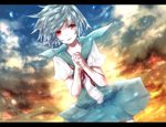  ayanami_rei bad_id bad_pixiv_id blue_hair dutch_angle hands_clasped neon_genesis_evangelion neota own_hands_together red_eyes school_uniform sky solo 
