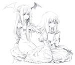  bad_id bad_pixiv_id book capelet comb combing crescent greyscale head_wings koakuma long_hair monochrome multiple_girls no_hat no_headwear open_mouth patchouli_knowledge reading ribbon robe sketch szuinyo touhou 